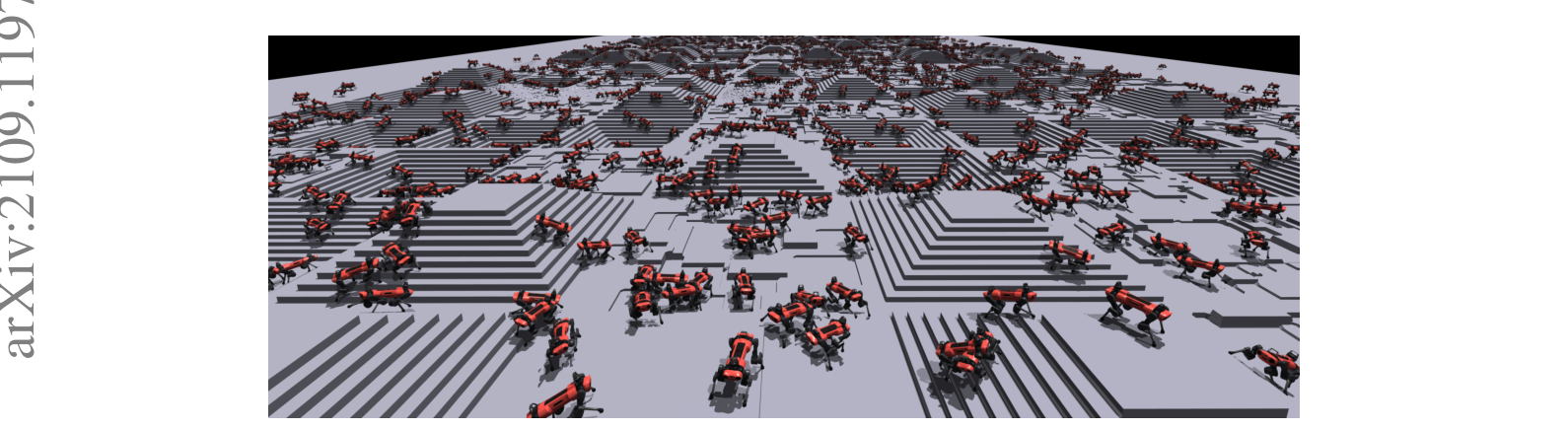 Figure 5.2: Thousands of parallel ANYmal instances — 4,096 environments walking simultaneously on a single A100. The scale that Isaac Gym 2021 unlocked made 'minute-scale training' real. — source: Rudin et al. 2022 Fig. 1, arXiv:2109.11978, academic fair use