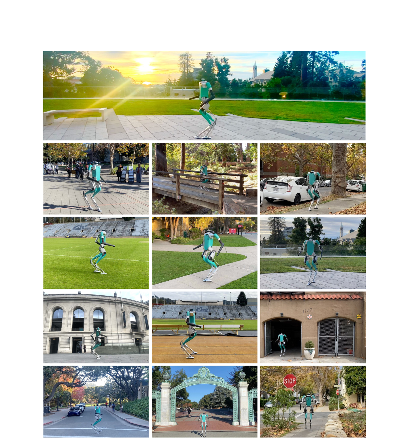 Figure 6.4: Causal Transformer policy on a Digit full-size humanoid — the first large-scale application of history-based attention to learned control on a bipedal platform, demonstrating > 1 km outdoor walking. — source: Radosavovic et al. 2024 Fig. 1, arXiv:2303.03381, academic fair use