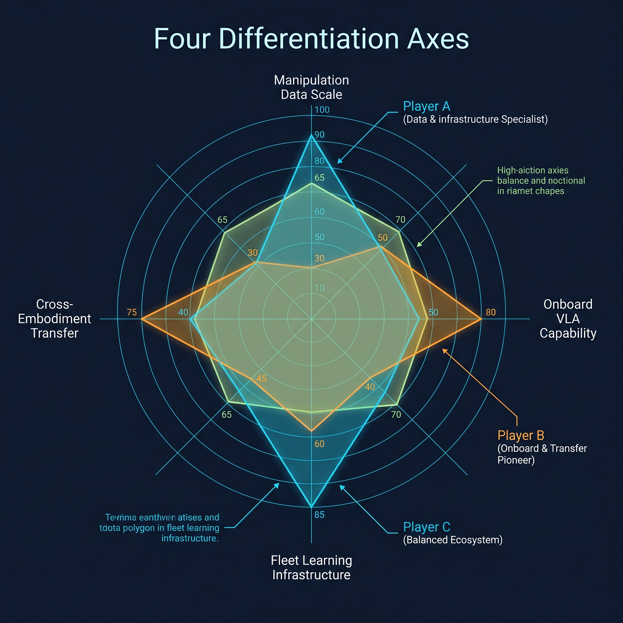 Figure 15.1: Four-axis differentiation radar — manipulation data scale, onboard VLA capability, fleet-learning infrastructure, cross-embodiment transfer. Distinct profiles per representative player. — illustration by author (Gemini assisted)